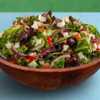 Greek Salad · Choice of greens, feta cheese, onions, mild pepper, tomato, pickeled beets, cucumber, and ol...