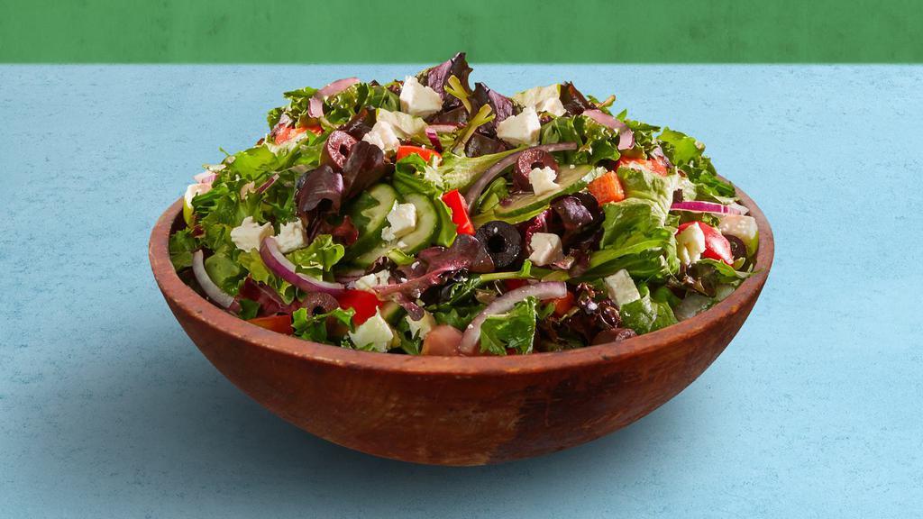 Greek Salad · Choice of greens, feta cheese, tomato, cucumber, and olives tossed with your choice of dressing.