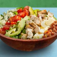 Cobb Salad · Choice of greens, hard boiled egg, bacon, avocado, tomato, and blue cheese tossed with your ...