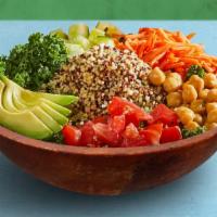 Kale Quinoa Salad · Kale, quinoa, tomato, chickpeas, shredded carrots, cucumber, and avocado, tossed with your c...