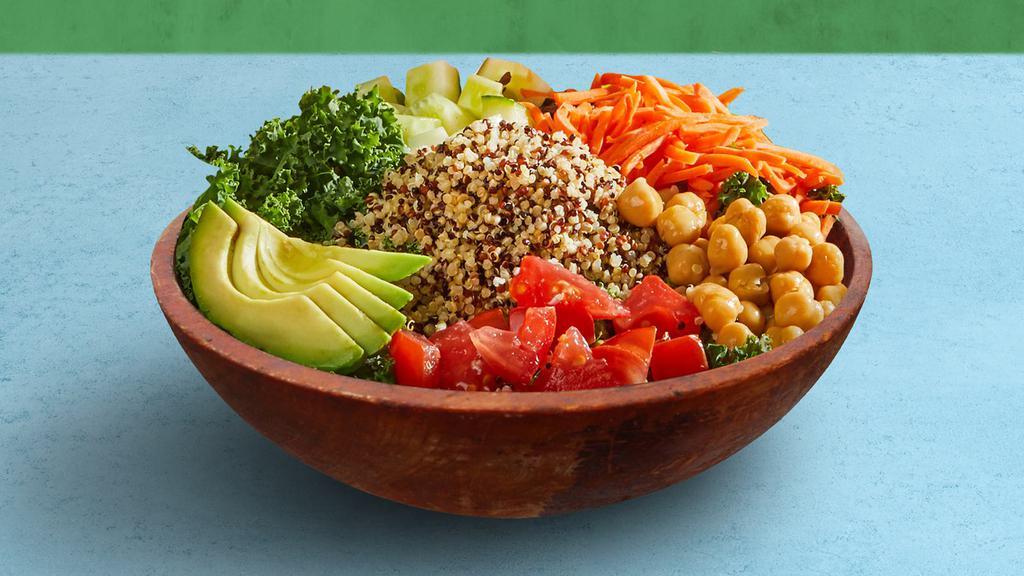 Kale Quinoa Salad · Kale, quinoa, tomato, chickpeas, shredded carrots, cucumber, and avocado, tossed with your choice of dressing.