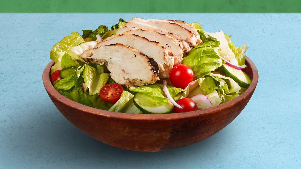 Grilled Chicken Salad · Grilled chicken, romaine lettuce, tomato, cucumber, and red onion, tossed with your choice of dressing.