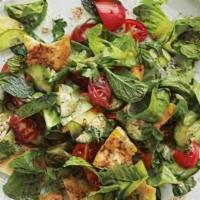 Fattoush Salad · Choice of greens, onion, tomato, cucumber, and pita chips, tossed with your choice of dressi...