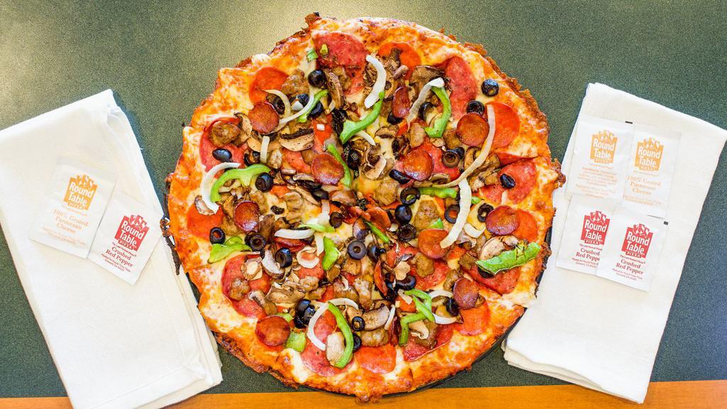 King Arthur'S Supreme With Anchovies (Large, 12 Slices) · 170-260 cal/slice. A Legendary Combination Pepperoni, Italian sausage, salami, linguica, mushrooms, green peppers, yellow onions, black olives, anchovies on zesty red sauce.