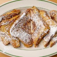 3 French Toasts · Three Pieces of French toast cut in half. (6half pieces total) Powder Sugar on top