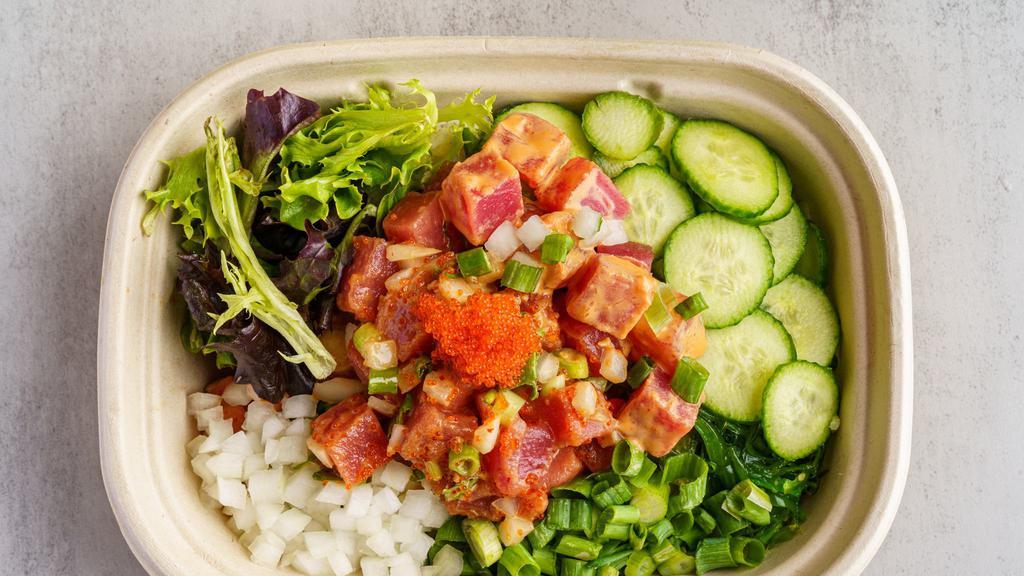 Firecracker · PROTEIN: Ahi tuna.  MIX-INs: sweet onion, cucumber, green onion, masago. SAUCES: spicy mayo, sweet chili, house dressing.