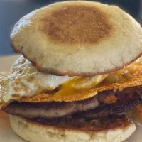 Breakfast Sandwich · Fried Egg, Sausage, Potatoes, and Cheese on an English Muffin.