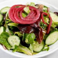 Small Mixed Greens · Organic baby greens, pickled red onions, cucumber, balsamic vinaigrette