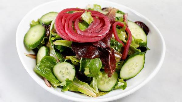 Small Mixed Greens · Organic baby greens, pickled red onions, cucumber, balsamic vinaigrette