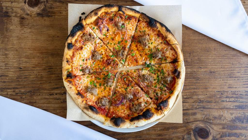 Sausage Pizza · Organic dough, house-made fennel sausage, tomato sauce, red onion, fennel pollen