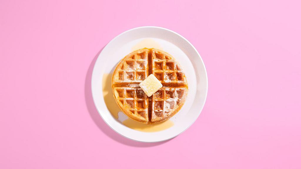 Belgian Waffle · One fluffy Belgian waffle with maple syrup and powdered sugar.