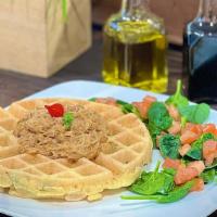 Chicken Spinach Waffle  · Gluten Free Waffle with Shredded chicken, tomato sauce, onion, garlic, salt, pepper and spin...
