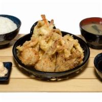 Seafood tempura · Each 2pcs of shrimp, oysters, scallops & 8 pcs calamari comes w/ miso soup, rice