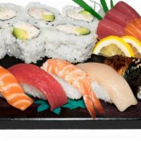Sushi & Sashimi · 6pcs CA roll, 5pcs of nigiri (tuna. salmon, hamachi, ebi, unagi), 5pcs of sashimi (tuna & sa...