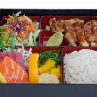 Sashimi with Chicken Teriyaki · 7pcs of tuna, salmon sashimi, with chicken teriyaki comes w/ miso soup, rice, salad