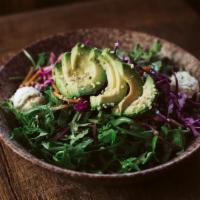 Arugula Avocado Salad (GF) · Arugula*, tea-brined egg*, avocado*, cabbage slaw*, pumpkin seeds*, green dressing*, *organic