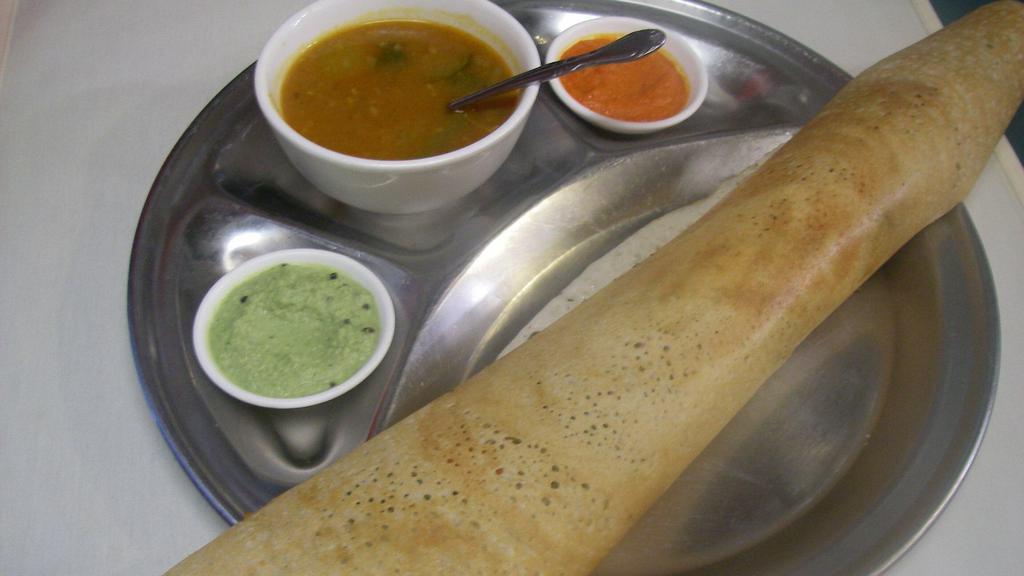 Spinach Masala Dosa · Gluten-free. Vegan. Crepe with potatoes and spinach.