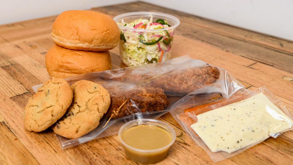 Crispy Chicken Sandwiches - Mealkit · Fully cooked, breaded chicken breasts, fresh slaw, brioche bun and a variety of our signature sauces plus organic cookies to sweeten the deal.