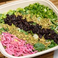 Kale & Slaw Salad Platter · Fresh kale & crisp cabbage topped with dried cherries, pumpkin seeds, pickled onion & jalape...