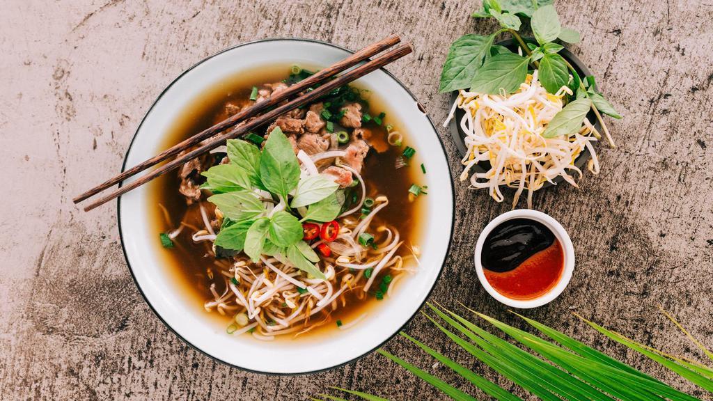 2. Rare Beef Pho · 160661386 favorite: Rare beef noodle soup. Served with sprouts, lemon, jalapeño, basil, onions, and cilantro. Beef broth.