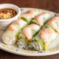 14. Six Shrimp Rolls · Soft rice paper rolls with poached shrimp, lettuce, mint and vermicelli noodles.