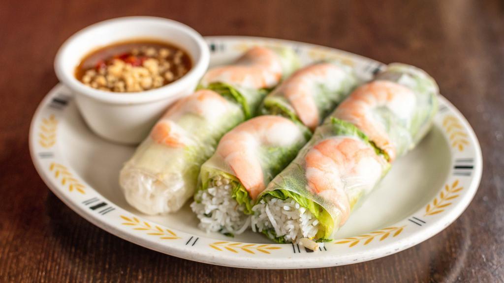 14. Six Shrimp Rolls · Soft rice paper rolls with poached shrimp, lettuce, mint and vermicelli noodles.