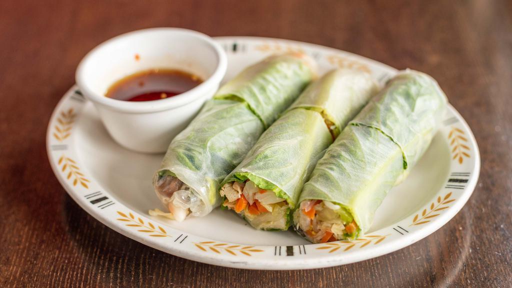 56. 6 Veggie Summer Rolls · Vegetarian. Soft rice paper rolls filled with seasoned vegetables.
