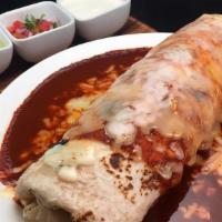 Super Wet Burrito · Beans, rice, green or red  salsa, cheese, sour cream, guacamole, choice of meat (steak, gril...