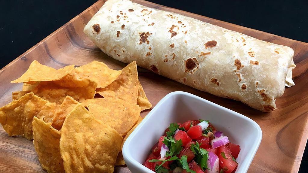 Vegetarian Regular Burrito · Served with rice, beans, pico de gallo, lettuce,  cheese, and sour cream.