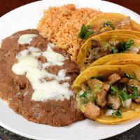 3 Taco Plate · 3 tacos served with rice, beans and choice of meat (steak, grilled chicken, carnitas, al pas...