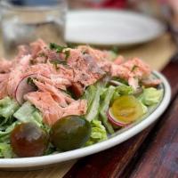 Smoked Salmon Salad · Little gem lettuce, green goddess dressing, fried green peas, cucumber, cherry tomatoes, smo...