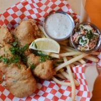 2 Piece Fish & Chips · Anchor steam beer battered Alaskan cod, fries, slaw, tartar sauce