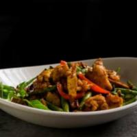 (C) Fiery Chicken Tofu · Chicken breast wok fried with tofu, string beans, bell pepper and basil in a sweet & spicy s...
