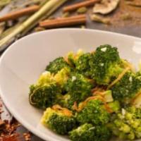 (C) Broccoli & Garlic · Broccoli tossed in wok with white wine, garlic, ginger and garnished with fried onions.