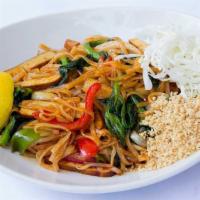 (C) Burmese Pad Thai · Rice noodles mixed with tofu, fresh red bell peppers, onions, pea leaves, cabbage, peanuts, ...