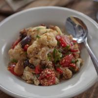Francesca-Cauliflower Salad ( Vegan) · Roasted cauliflower, cherry tomato, olives, capers, spicy calabrese chili.