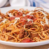 Spaghetti Bolognese · With Parmesan and minced beef sauce.