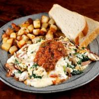 Petaluma Scramble · Chicken apple sausage, mushrooms and spinach with provolone and salsa fresca