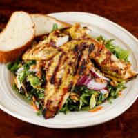 Bangkok · Organic mixed greens served with ginger curry marinated grilled chicken, red onion, mint, sh...