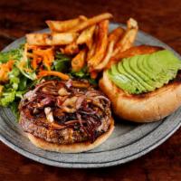 El Baron Burger · 1/2 lb. prime organic natural ground beef with grilled red onions, mushrooms, avocado, chedd...