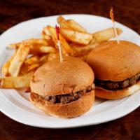 Two Mini Burgers · Served with french fries.