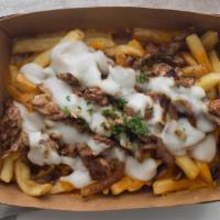 King Tut · Your choice of fries or rice topped with chipotle and garlic sauce, grilled onions, cheese, ...