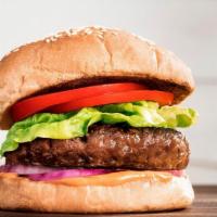 Kofta Burger · Home-made char-broiled mixed beef, and lamb burger topped with  tomatoes, lettuce, onions, p...