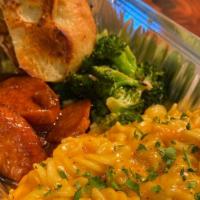 Mac & Cheese · Glazed sweet potatoes, garlicky broccoli.