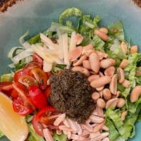 Tea Leaf Salad · Romaine lettuce, peanut, almond, ginger, tomato, fermented tea leaf.