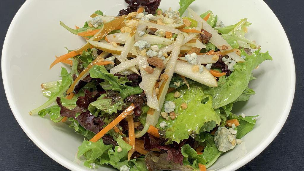 Pear & Bleu Cheese Salad · Mix salad with red wine dressing, bleu cheese, macadamia nut.
