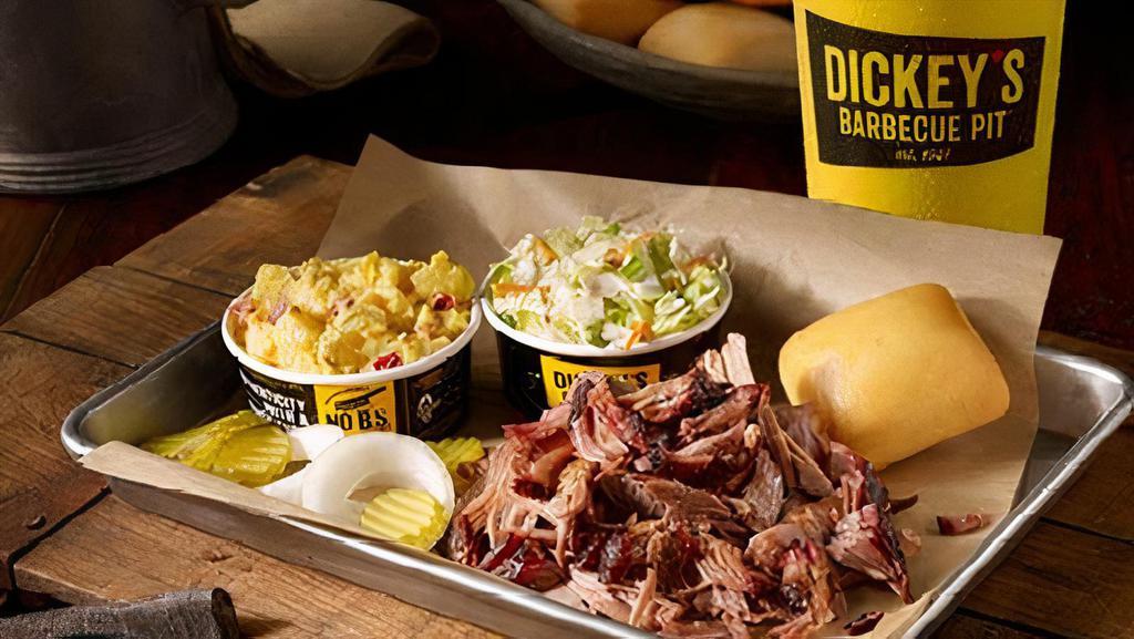 Pulled Pork Plate · Slow-smoked pulled pork dusted with our Dickey's rib rub, served with 2 sides and a roll