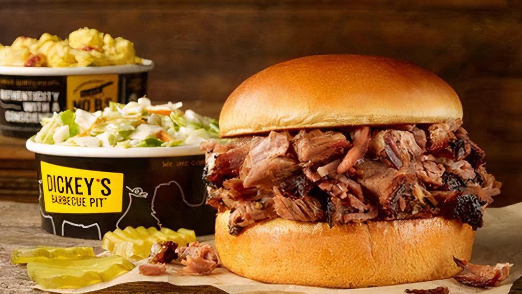 Brisket Classic Sandwich Plate · Includes a choice of chopped or sliced delicious slow-smoked brisket on a Brioche bun, served with 2 sides.