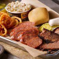 Old School Plate · Brisket and Kielbasa Sausage, 2 sides and a roll