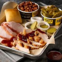 Poultry Plate · Marinated Chicken Breast and Turkey Breast, 2 sides and a roll